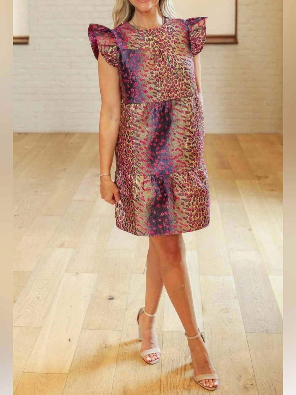 THML Metallic Wildcat Mini Flutter Sleeve Dress